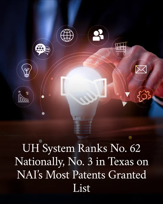A stock image of a hand touching a light bulb with different icons signaling ideas. Embossed into the foreground is the headline “UH System Ranks No. 62 Nationally, No. 3 in Texas on NAI’s Most Patents Granted List.”