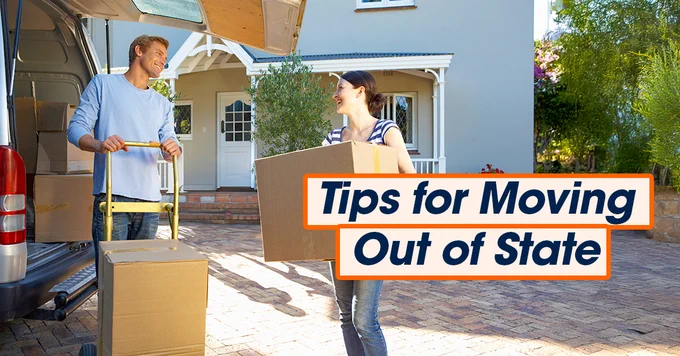 Two individuals, a couple, carrying boxes near a van in a driveway, under a headline that reads "Tips for Moving Out of State."