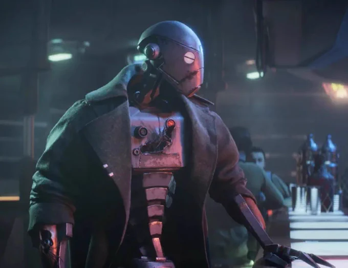 A cutscene screenshot of ND-5 from Star Wars Outlaws: A separatist BX Commando droid—a tall motherfucker with a thin frame but wide shoulders, wearing a bulky trenchcoat to further widen his silhouette. His head is turned towards an offscreen bartender, as he stands with his hand on a bar lit with sci-fi lights underneath the surface. The room behind is a seedy bar bathed in cool-toned light, besides a bright red reflection highlighting the droid's head and chest.