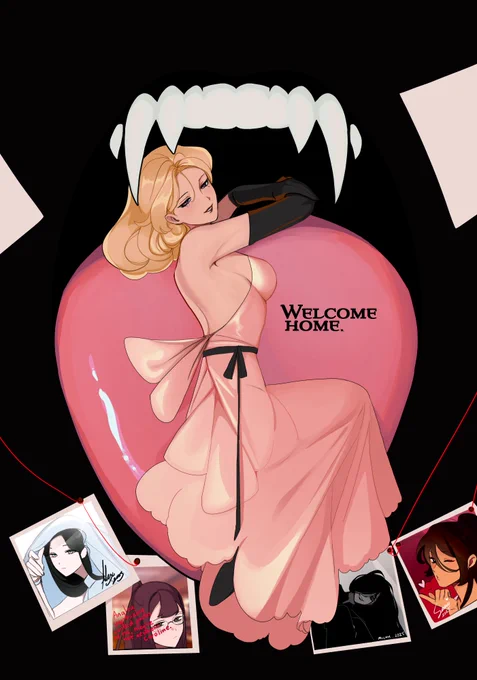A vintage style illustrated poster. A blonde woman in a pink dress lays down on the tongue of an agape mouth. Below her are photos of her coterie, signed with their names and small pieces of text. The title text reads Welcome Home.
