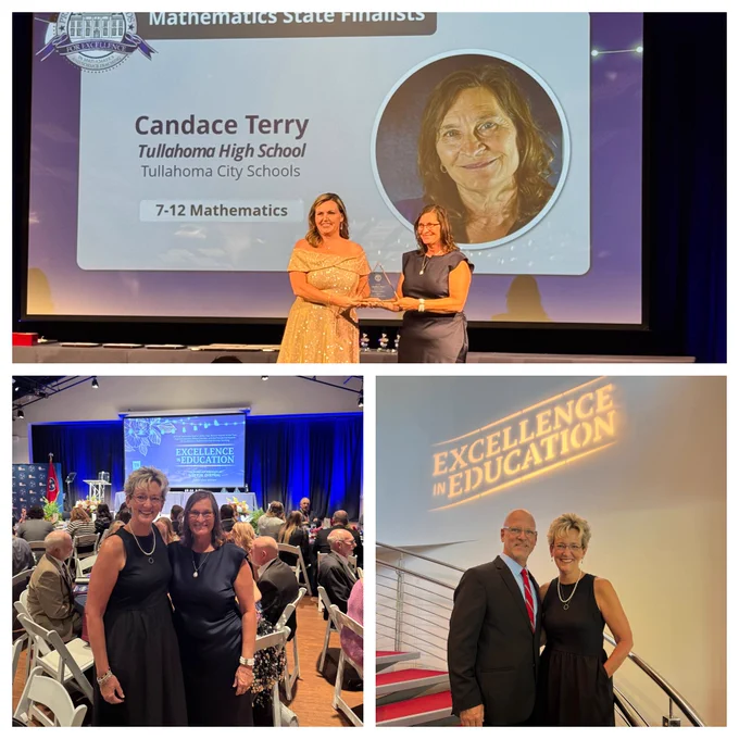 Pic collage from the TN Excellence in Education Celebration. Top photo shows a high school math teacher being honored as a PAEMST finalist. Bottom left photo shows the math teacher and her superintendent standing together and smiling at the event. The bottom left photo shows the superintendent with her husband smiling together before the event.