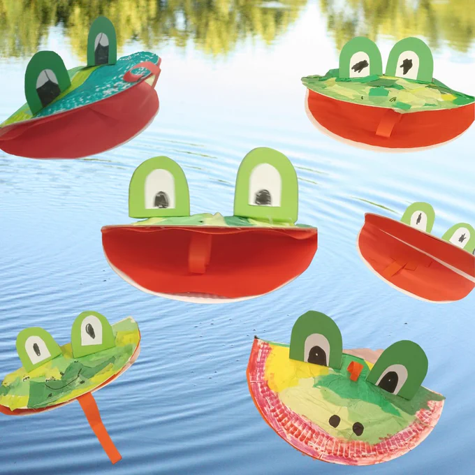 Images of green frog puppets made of paper plates superimposed over an image of a pond.
 