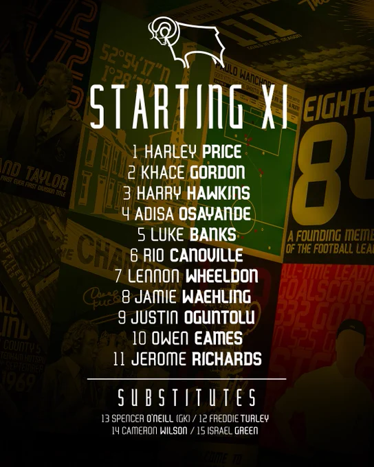 Derby County team to face Birmingham City: Harley Price, Khace Gordon, Harry Hawkins, Adisa Osayande, Luke Banks, Rio Canoville, Lennon Wheeldon, Jamie Waehling, Justin Oguntolu, Owen Eames, Jerome Richards. Substitutes: Spencer O'Neill, Freddie Turley, Cameron Wilson, Israel Green.