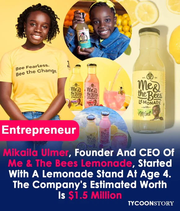 Mikaila Ulmer, the founder and CEO of Me & The Bees Lemonade, smiling while holding a bottle of lemonade. The image features the brand’s lemonade products, including a bottle with mint, and a background with lemons. Mikaila’s journey from a lemonade stand to building a business worth $1.5 million is highlighted in the caption.