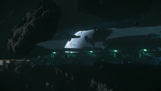 Crusader peaking through an asteroid that has been shattered to make way for deep space mining facilities.