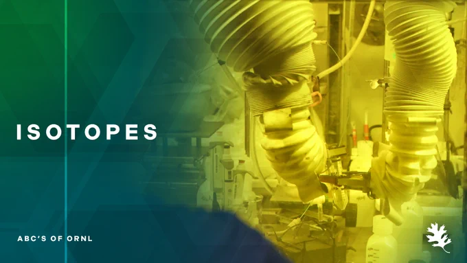 Laboratory equipment for isotopes research. A graphic overlay has the letter 'I' and text reads 'Isotopes'
