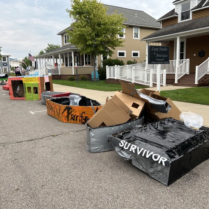 EMS Cardboard Boat Regatta boats are delivered to Winona Canal Days. EMS cardboard boats and others will be on display 11-12:30 today, 8/23  