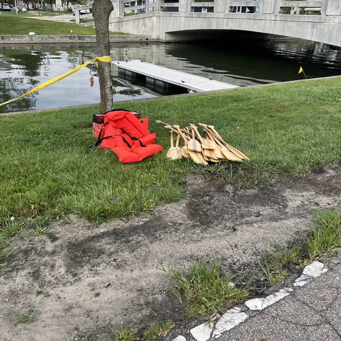 The oars and life jackets are provided for the Cardboard Boat Regatta  