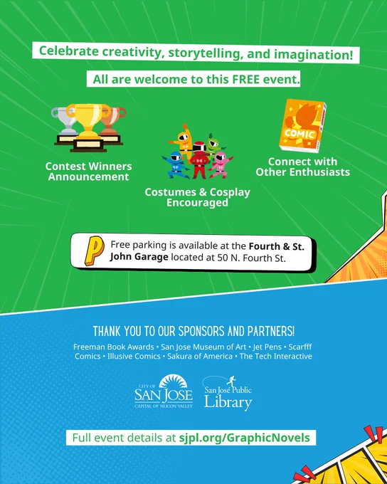 Green event flyer promoting creativity, storytelling, and imagination with contest winners, cosplay encouragement, and comic connections.
