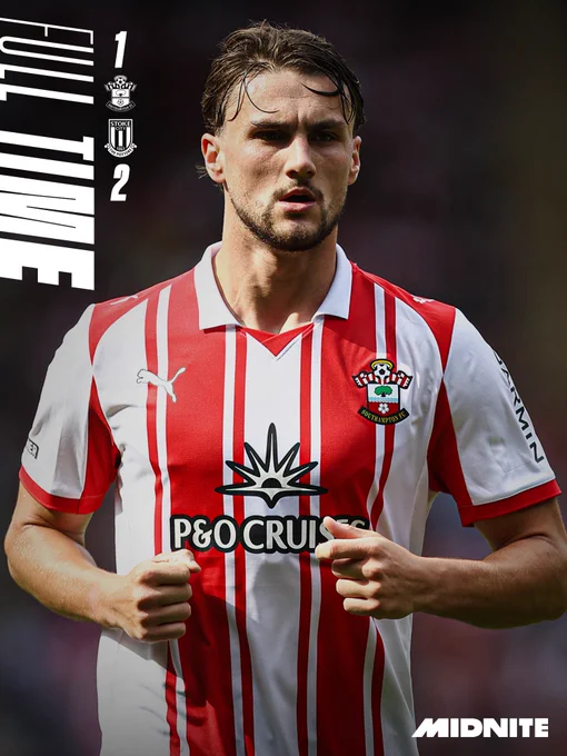 Full time: Southampton 1, Stoke 2. With an up close image of Taylor Harwood-Bellis in Saints' red and white striped home shirt.