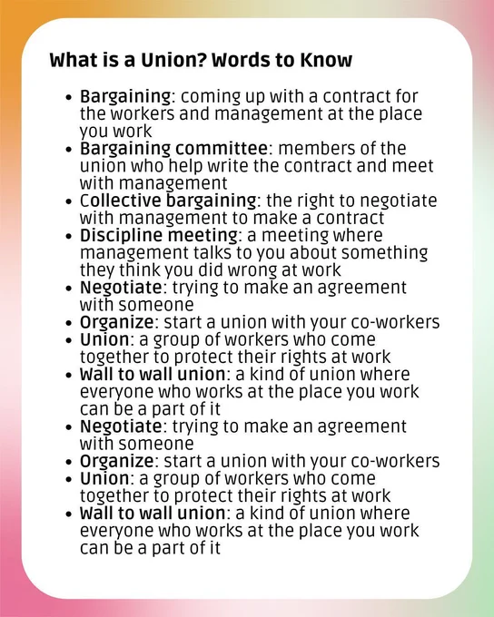 A graphic with a colorful background and a white box. The header says, "What is a Union? Words to Know" The bulleted list says, "Bargaining: coming up with a contract for the workers and management at the place you work. Bargaining committee: members of the union who help write the contract and meet with management. Collective bargaining: the right to negotiate with management to make a contract. Discipline meeting: a meeting where management talks to you about something they think you did wrong at work. Negotiate: trying to make an agreement with someone. Organize: start a union with your co-workers. Union: a group of workers who come together to protect their rights at work. Wall to wall union: a kind of union where everyone who works at the place you work can be a part of it."