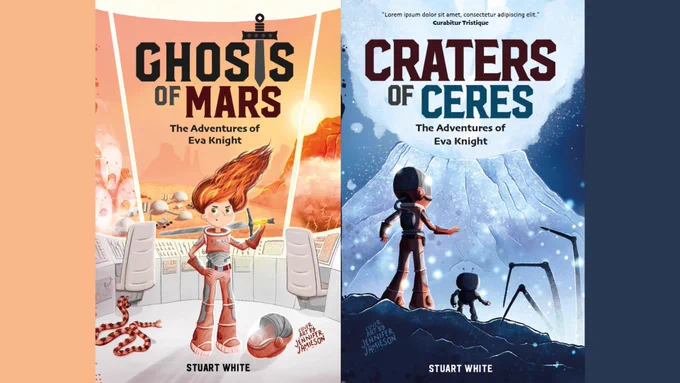 Two book covers - left: Ghosts of Mars which shows a red-haired astronaut standing inside a space station with ghosts outside the window, a dust storm brewing and a snake about to attack. Right: shows the same astronaut with her helmet on and back to the viewer, with a small android companion, standing on the surface of Ceres, facing an alien creature and a cryovolcano.