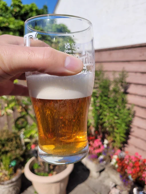 A hand holding up a pint glass containing a third of a pint of a delicious-looking pale ale with a bright white head. The beer is clear and looks golden in the sunshine outside.