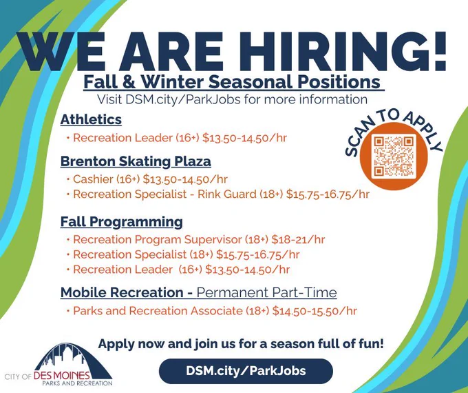 We Are Hiring! Check out our open seasonal position with competetive rates at DSM.City/ParkJobs