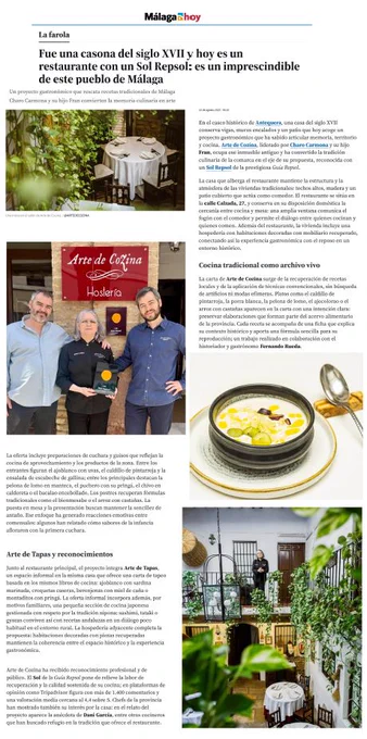 Artículo publicado en Málaga Hoy titulado "fue una casona del siglo XVII y hoy es un restaurante con un Sol Repsol: es un imprescindible de este pueblo de Málaga"