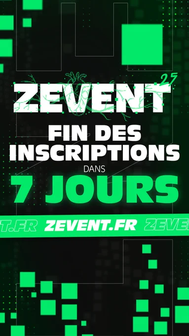 image précisant que la fin des inscriptions pour le ZEVENT est terminée dans 7 jours avec le logo ZEVENT 2035 en haut