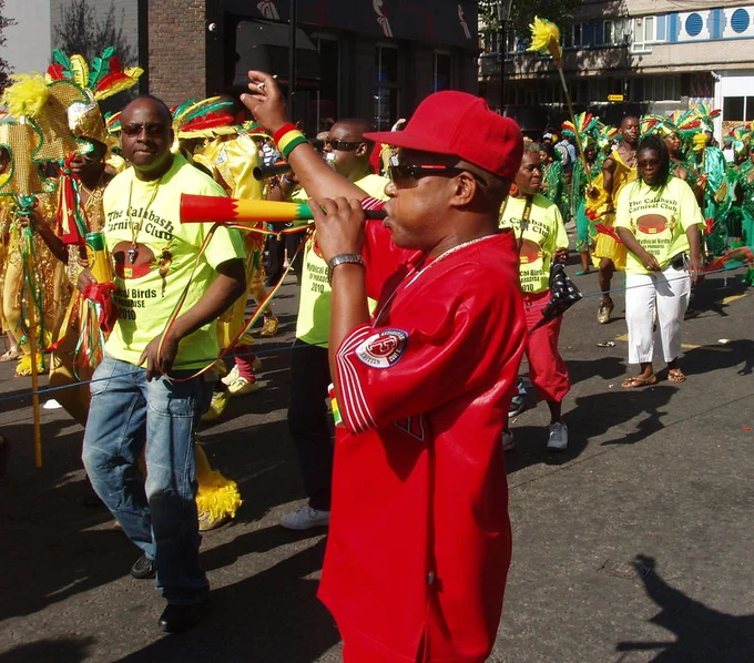 Carnival reveller with vuvuzela. Pic by David Hawgood.