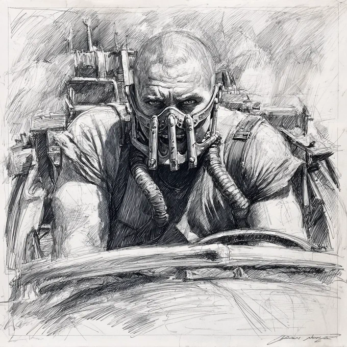 a charcoal illustration of Mad Max strapped to the front of the war rig, strong shadows across his mask, desert as swirling gestural strokes, raw expressive shading --raw --p