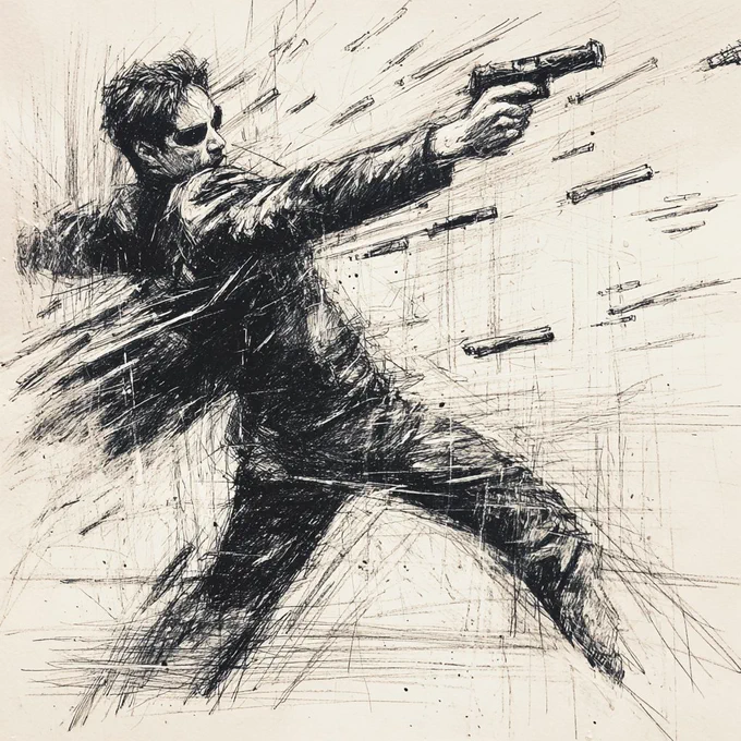 a charcoal illustration of Neo from The Matrix dodging bullets in bullet time, body arched backwards, bullets as blurred expressive strokes, heavy shadows, rough textured paper --raw --p
