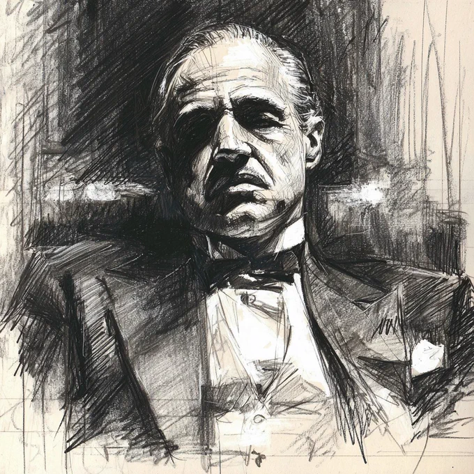 a charcoal portrait of Vito Corleone from The Godfather sitting in shadow, strong chiaroscuro lighting, expressive carbon strokes emphasizing wrinkles and suit folds --raw --p