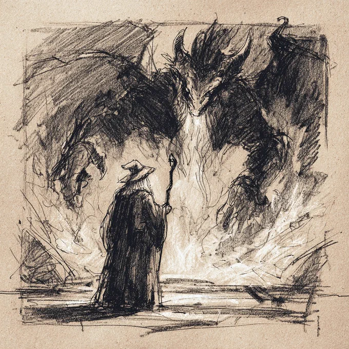 a charcoal drawing of Gandalf facing the Balrog on the bridge of Khazad-dûm, dramatic shadows, flames suggested with rough gestural smudges, textured paper --raw --p