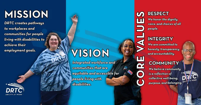 Mission: DRTC creates pathways to workplaces and communities for people living with disabilities to achieve their employment goals. Vision: Integrated workforce and communities that are equitable and accessible for people living with disabilities. Core Values: Respect, We honor the dignity, voice, and choices of all people. Integrity, We are committed to honesty, transparency, and accountability. Community, We believe community is a reflection of collective well-being, purpose, and belonging. 