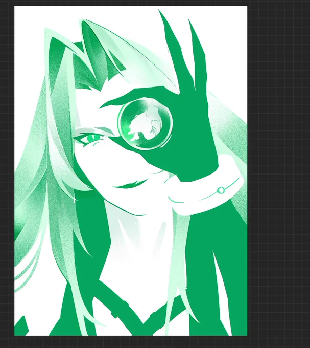 A green and white piece of Sephiroth holding a black materia to her eye with tiny Cloud resting within it 