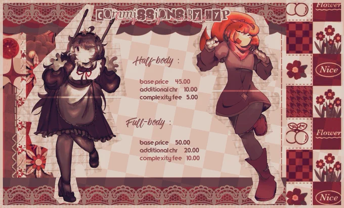 COMMISSIONS BY HYP
(buy my wares)

Half-Body
base price : $45.00 USD
additional character : $10.00 USD
complexity fee : $5.00 USD

Full-Body
base price : $50.00 USD
additional character : $20.00 USD
complexity fee : $10.00 USD