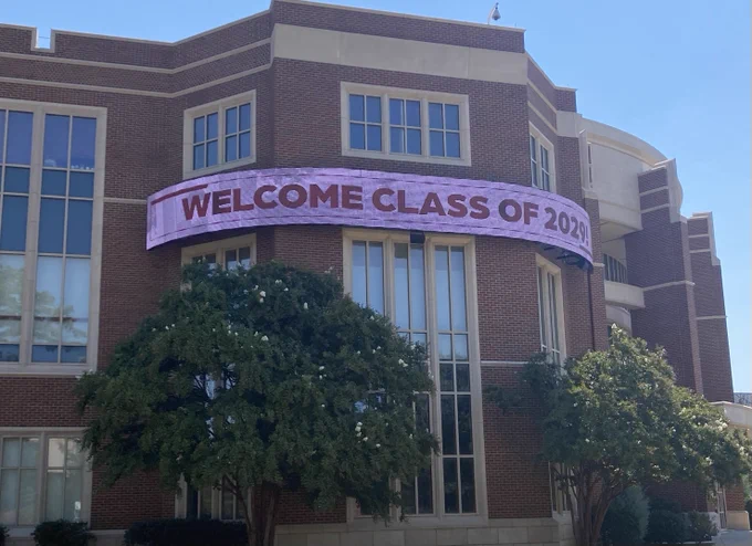 Photo of building on OU campus (Gaylord Hall) with sign "WELCOME CLASS OF 2029"
