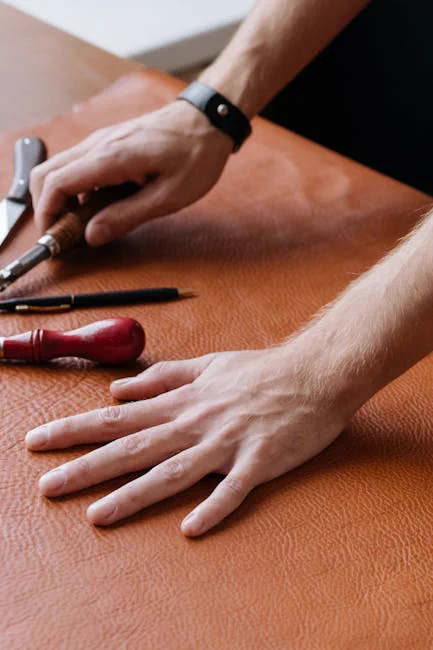Detailed view of hands working with leather crafting tools on a brown surface.