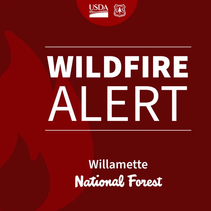 Red background with white text that says "wildfire alert Willamette National Forest"