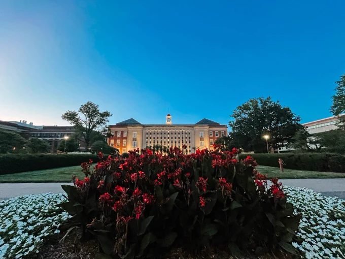 Love Library is lit up as the sun sets on campus. White flowers and tall red flowers bloom by the sidewalk that runs in front of the library