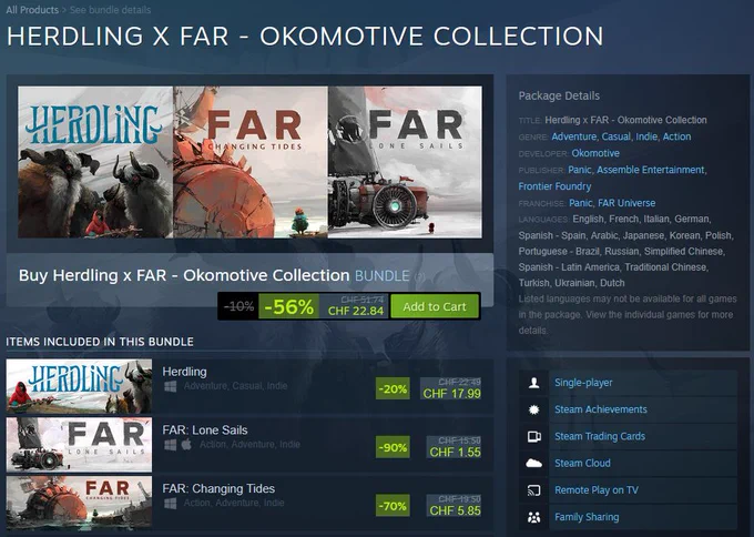 screenshot from Steam, showing the Herdling x FAR Bundle for 56% off