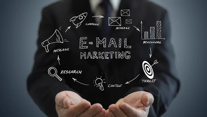 Businessman holding icons representing email marketing strategy, including campaign, messages, research, benchmarks, target, and content around the text “E-Mail Marketing.
