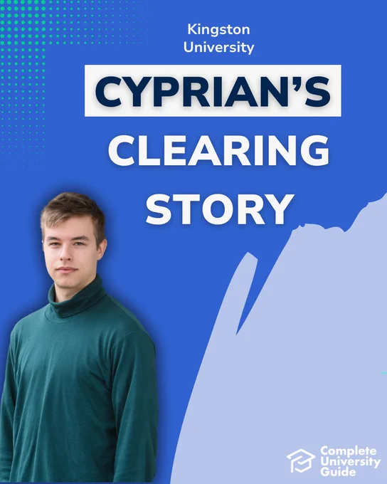 Promotional poster for Kingston University featuring an individual in a green turtleneck, titled 'Cyprian's Clearing Story' with a graphic of a map outline in the background.