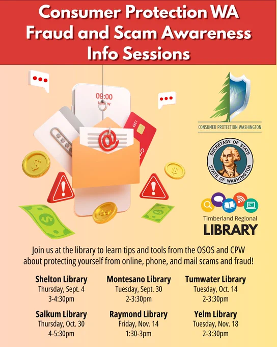 Promotional poster for Consumer Protection Fraud and Scam Awareness Info Sessions at Timberland Regional Library, Washington. The image features icons representing mail, phones, and online security. Session dates and times at various library locations are listed.