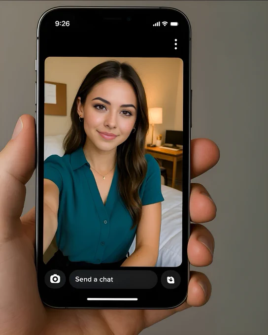 A Snapchat screen is displayed on an iPhone held in Michael Allen’s hand. The time in the top left reads 9:26. In the Snapchat photo, Jordan Warner is sitting on her dorm room bed at the University of Memphis with her desk visible behind her. She is wearing a short-sleeve teal cotton business blouse and simple business-style accessories, and she is holding her phone up to take the selfie. The dorm room looks tidy, with books and a lamp visible on the desk. The Snapchat interface overlays the image, showing it as an in-progress snap.
