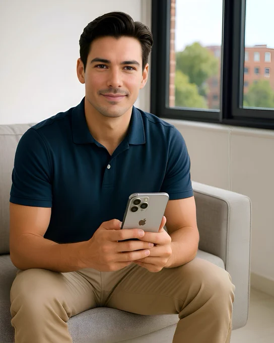 Michael Allen sits on a sofa in his South Bluffs Memphis condo, dressed in khaki pants and a blue polo shirt. He is holding an iPhone 16 Pro Max in one hand, angled so the screen is not visible. He is clean-shaven, smiling slightly, and appears relaxed. The modern condo interior is softly lit, with natural daylight filtering in from the west-facing windows, creating a calm and comfortable atmosphere.
