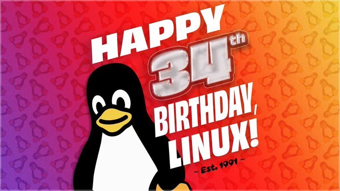 Colorful background with a cartoon penguin and text: "HAPPY 34th BIRTHDAY, LINUX! Est. 1991."