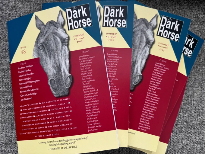 Three or four copies of The Dark Horse, issue 48, spread out like playing cards against a dark grey textured background; the cover colours cream, dark blue, and a deep red. 