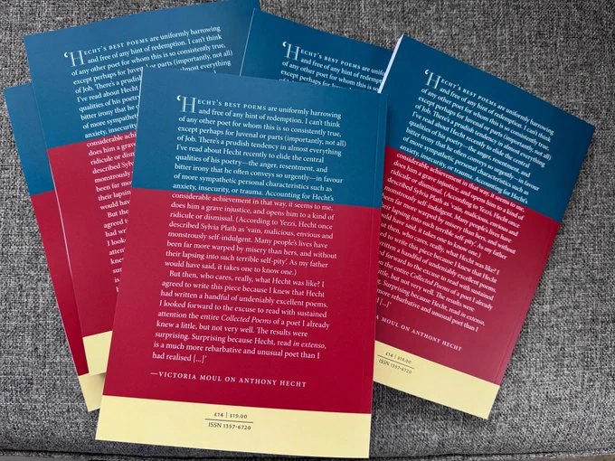 Five copies of the back cover of The Dark Horse, issue 48, with a pull quote from an essay by Victoria Moul on the American poet Anthony Hecht, in white text on a dark blue and deep red ground..
