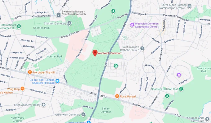 A map showing a green area, indicating Woolwich Common.