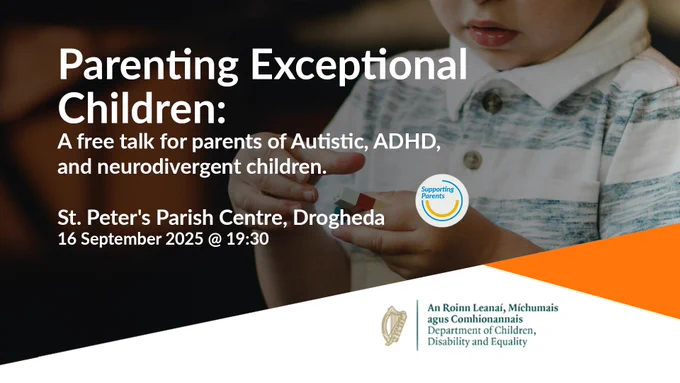 Boy playing with building blocks. Logo of Supporting Parents and Department of Children, Disability and Equality