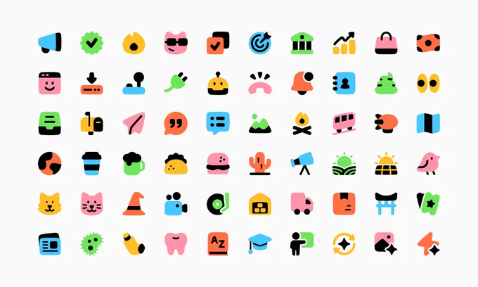 Plump icons in flat style featuring colorful, high-contrast symbols for UI, app, web, dashboard, and creative design. Includes icons for food, travel, media, education, and communication.