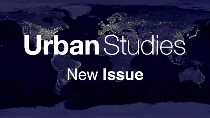 The Urban Studies logo, followed by the writing "New issue". In the background, an image of the world.