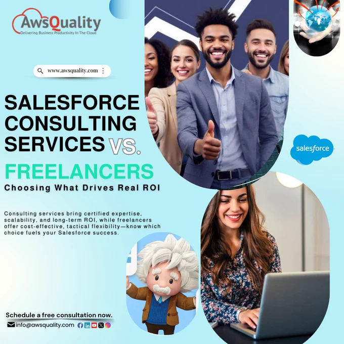 🔥 Consultants or Freelancers – Which Boosts Your Salesforce ROI Faster?

Your sales team deserves more than trial & error. With AwsQuality’s Certified Salesforce Consultants, you get:
✔️ Scalability
✔️ Long-term ROI
✔️ Automation-driven growth

✨ Get your Free Salesforce Audit with CPQ today → Link in bio [https://www.awsquality.com/salesforce-consulting-services-vs-freelancers-who-delivers-better-roi/]
or info@awsquality.com

📊 Let’s elevate your CRM game and win bigger in 2025!

🔖
#SalesforceConsulting #SalesforceExperts #BusinessSuccess #SalesforceImplementation #CRMConsulting #Crm #Salesforceadmin #SalesforceUSA #Salesforcedevelopers #Freelancer #AwsQuality