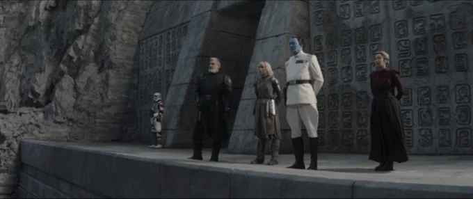 Grand Admiral Thrawn, and others stand atop a stone wall on Peridea. Behind them is a stone wall covered in distinctive Zeffo runes. From Ahsoka S1:E6.