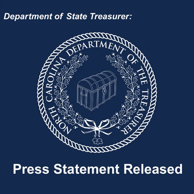 Official seal of the North Carolina Department of State Treasurer, featuring a stylized chest within a circular border adorned with laurel leaves and the text "Department of State Treasurer: Press Statement Released."
