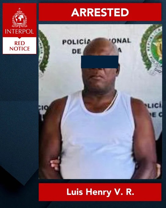 INTERPOL Red Notice poster with the word 'ARRESTED' displayed at the top. Features a photo of an individual named Luis Henry V. R.