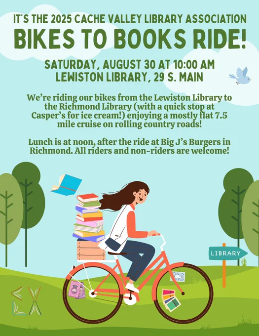 Features a cartoon girl on a bike with a stack of books on her basket riding in the direction of a library according to a sign in the background.